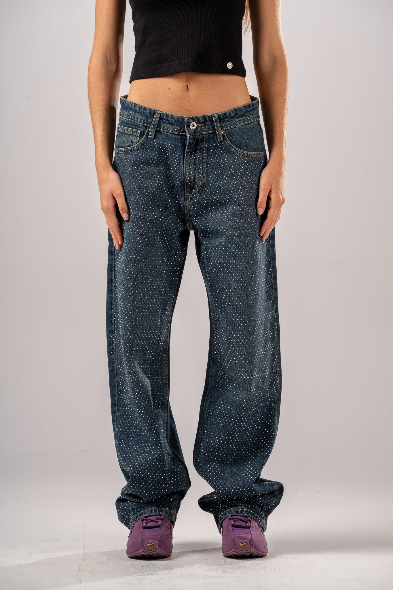 Dark Blue Wash Rhinestone Denim